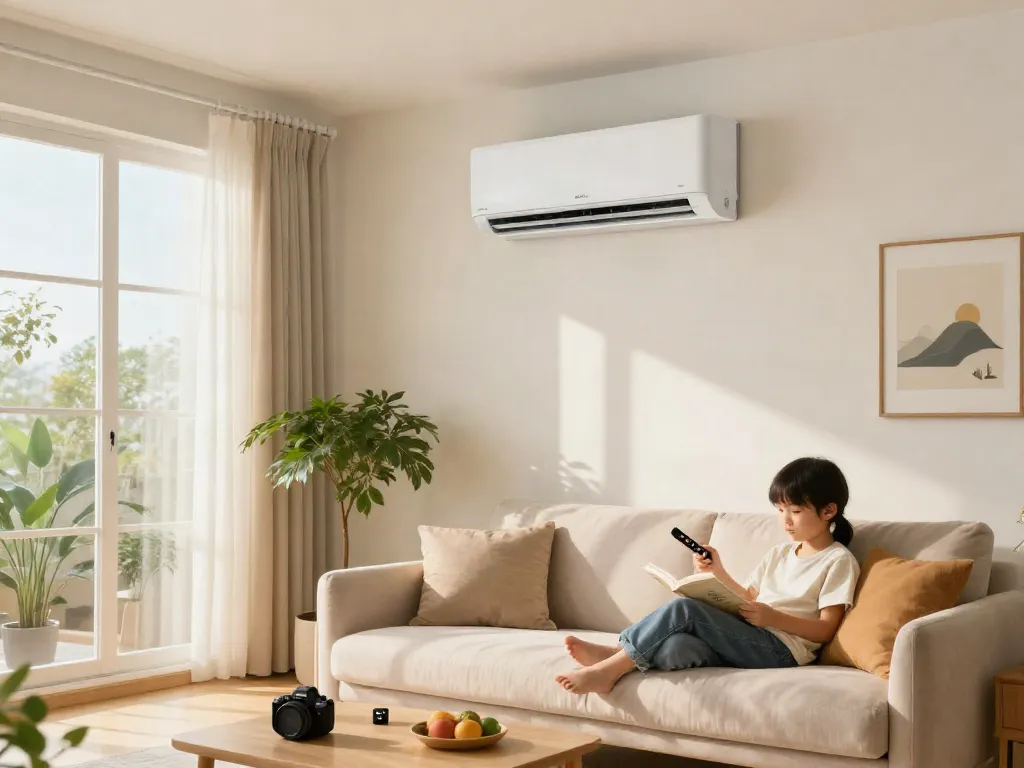 Relaxed family in a bright living room with an 18k mini split air conditioning unit, enjoying comfort and style.