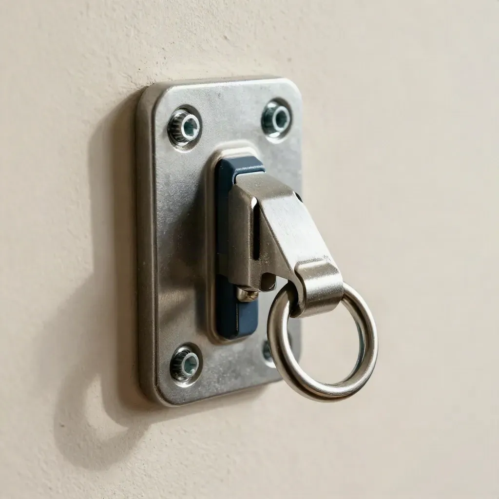 Macro of a wall mount bracket, lag screws, and hinge hardware on pale plaster