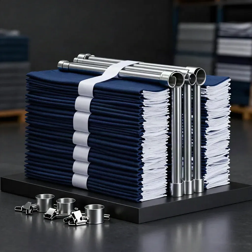 Stacked flag packs, banner rolls, and pole hardware on a dark studio platform.