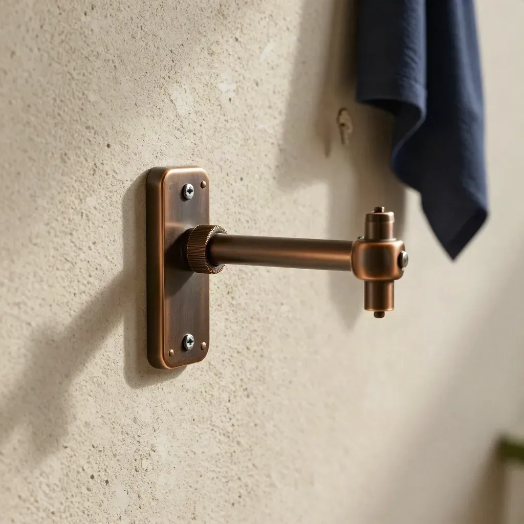 Bronze porch flag mount beside textured stucco with a navy accent and hardware