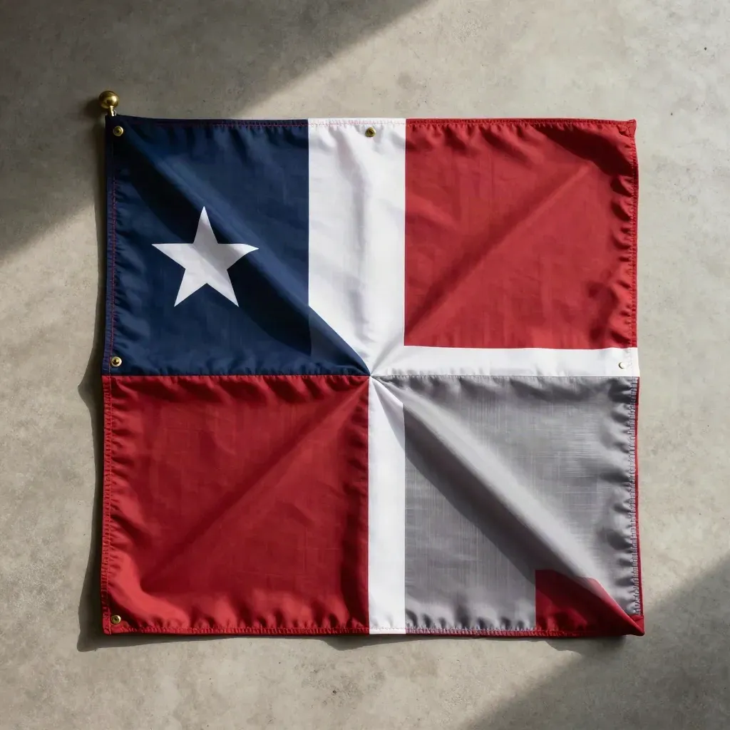 Folded Texas flag flatlay with grommets and cross-fold on pale concrete, lit from upper left.