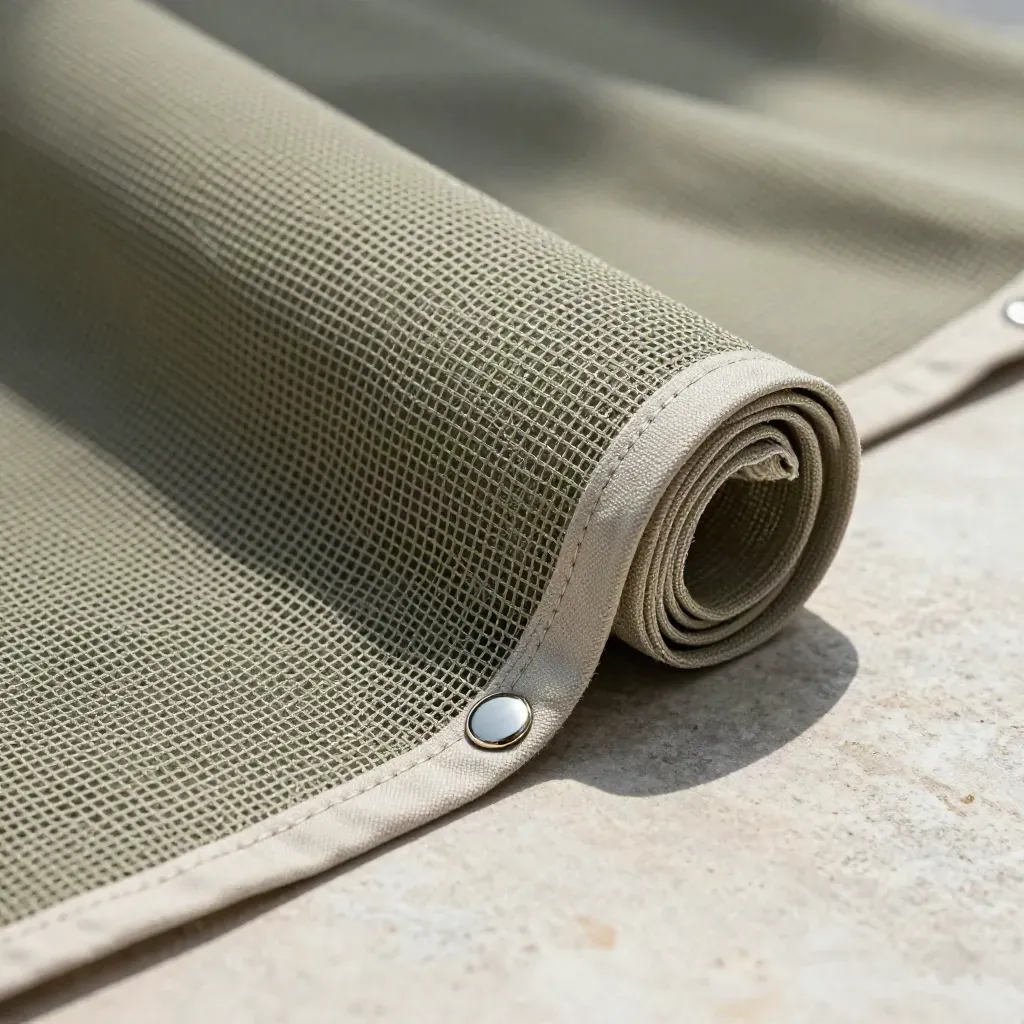 Macro of a mesh banner edge with grommets lifting in wind on stone.