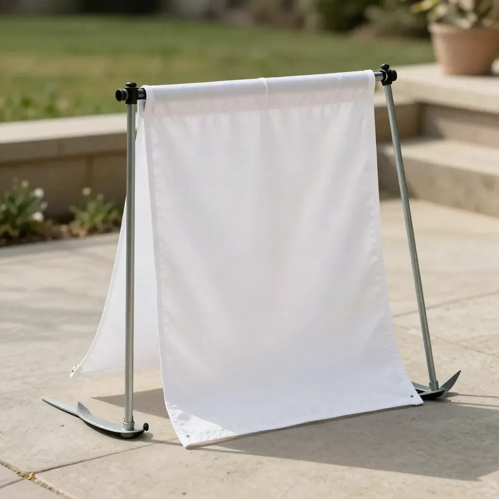 Graduation yard banner kit with stakes and folded white seasonal print on a concrete patio.