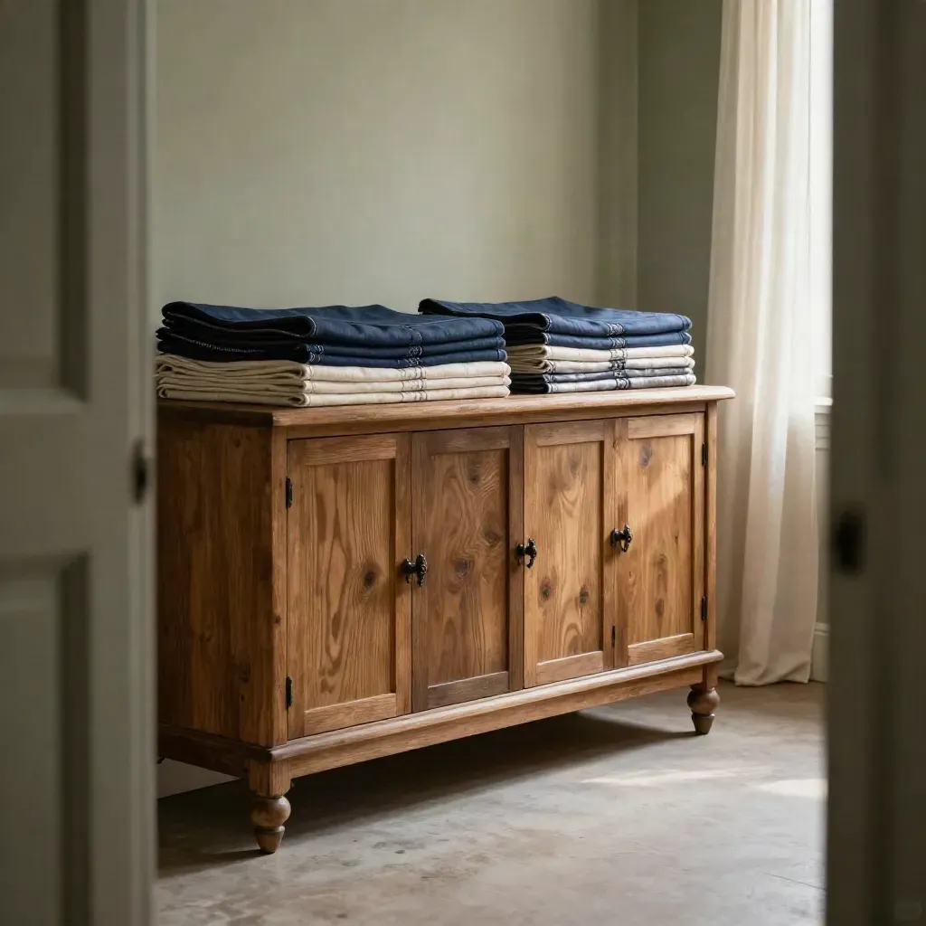 Folded state flags beside an oak credenza in a sunlit civic room with a lifted curtain